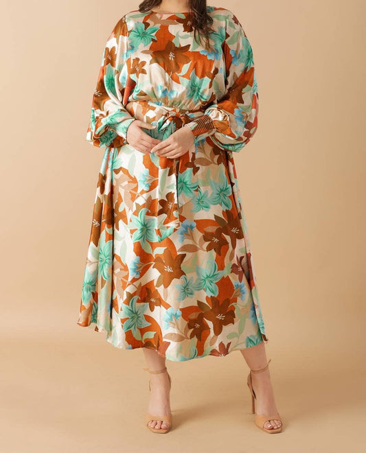 A Printed Woven Midi Dress | Rust Teal
