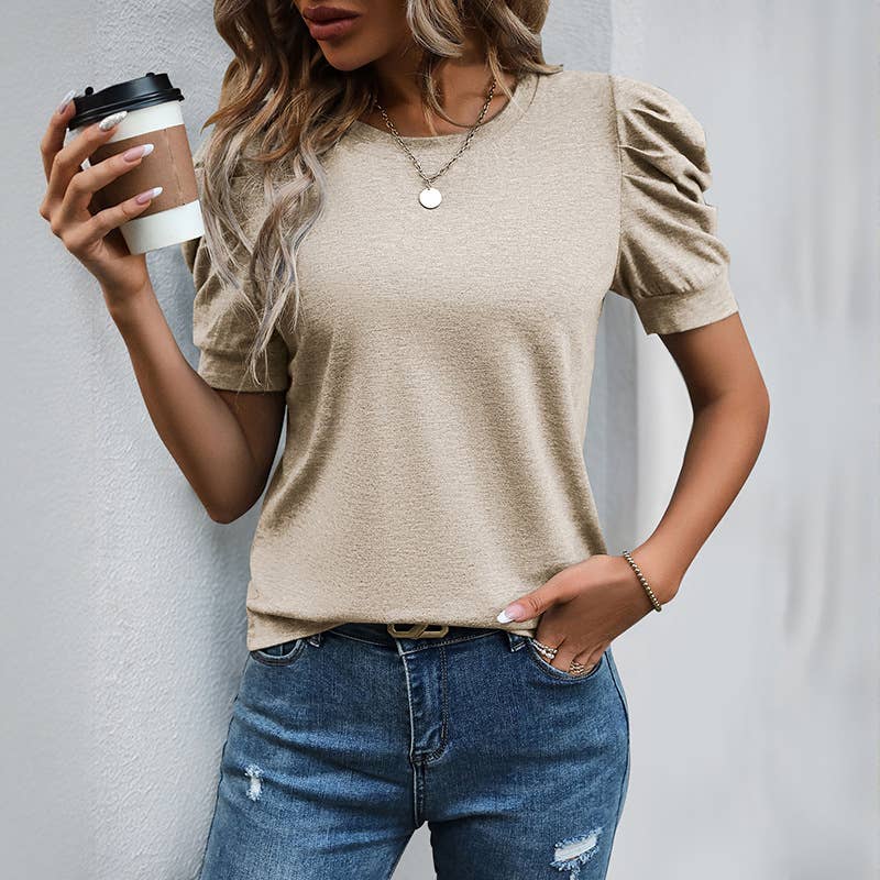 Casual Solid Puff Sleeve Pullover T-Shirt: APRICOT