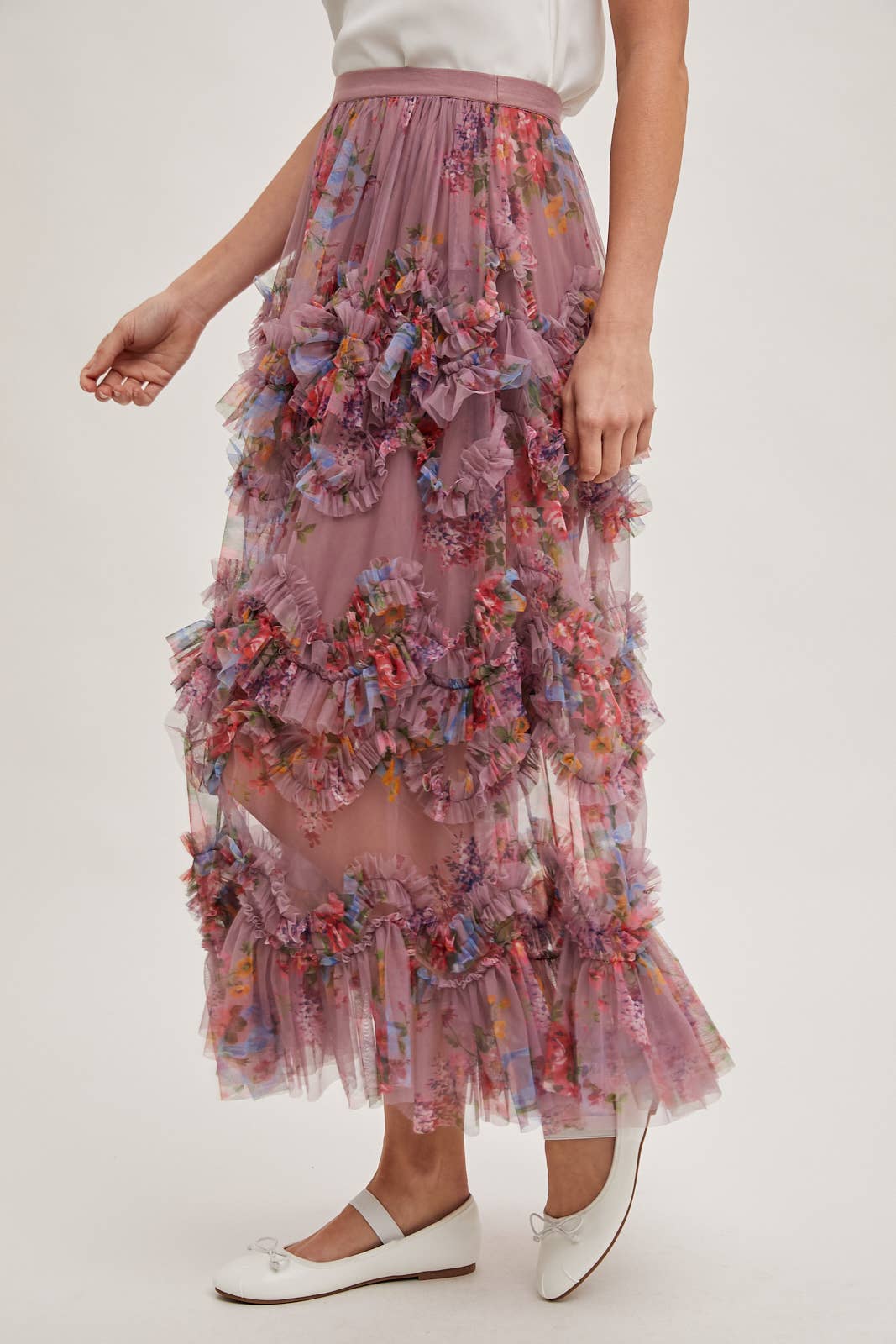 FLORAL RUFFLED MESH MIDI SKIRT: MAUVE