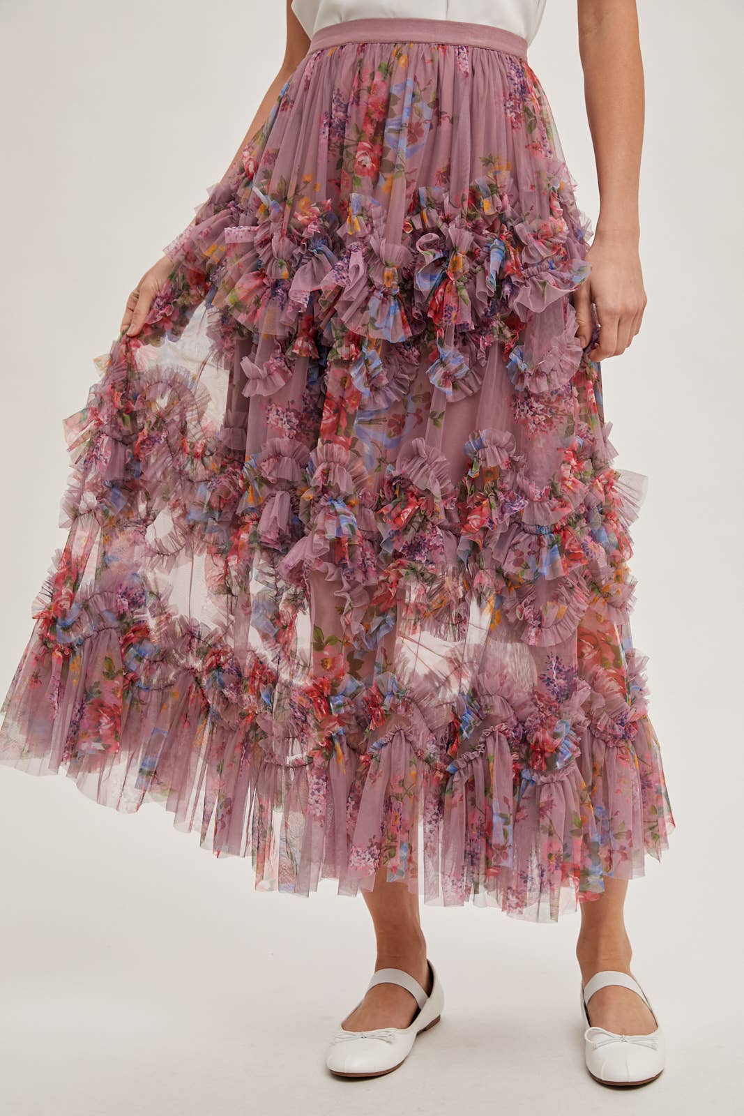 FLORAL RUFFLED MESH MIDI SKIRT: MAUVE