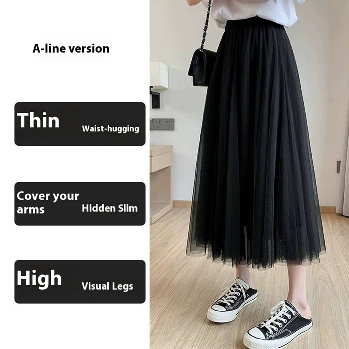 SOLID COLOR ELASTIC-WAIST MESH TULLE A-LINE SKIRT_CWBLS0372: Black