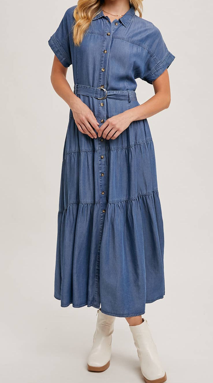 Button Front Short Sleeved Tiered Maxi Denim Dress