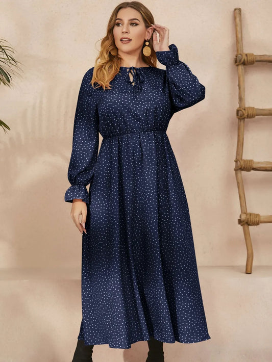 Plus Size Polka Dot Long Sleeve Midi Dress