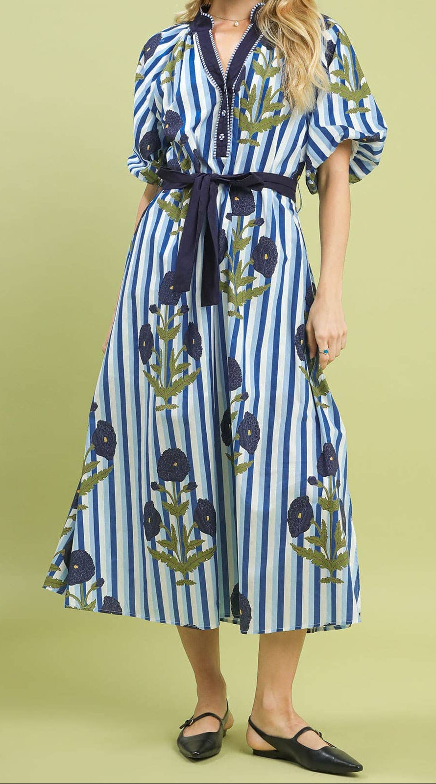 Striped Floral Maxi Dress With Waist Tie