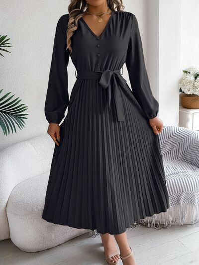 Women's Pleated Tied V-Neck Long Sleeve Dress