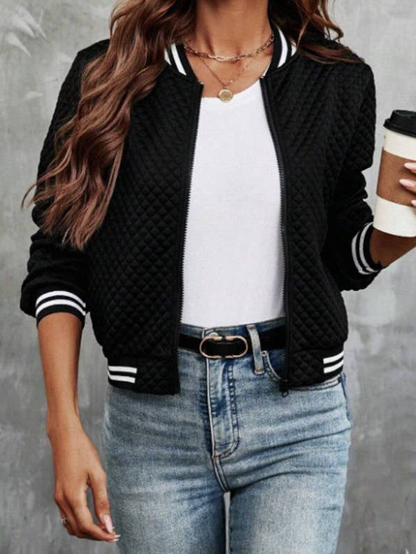 STAND-UP COLLAR PLAID ZIPPER BASEBALL JACKET