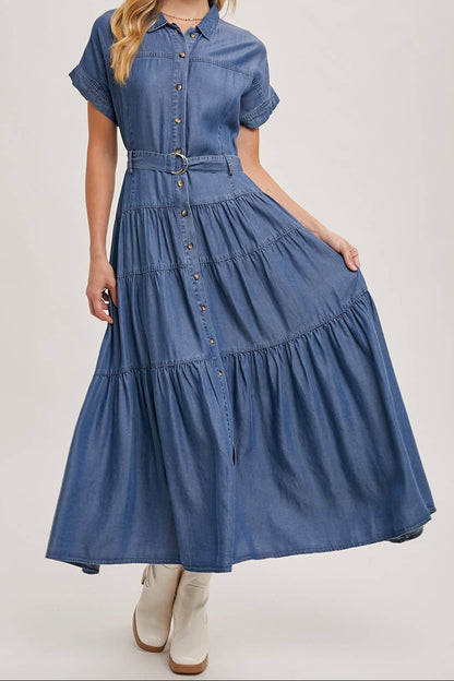 Button Front Short Sleeved Tiered Maxi Denim Dress
