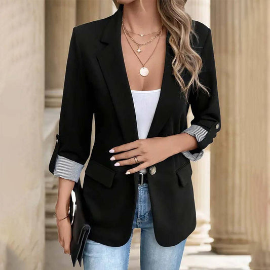 BUTTON-UP SUIT SLIM SUIT JACKET WITH ROLL SLEEVES: BLACK