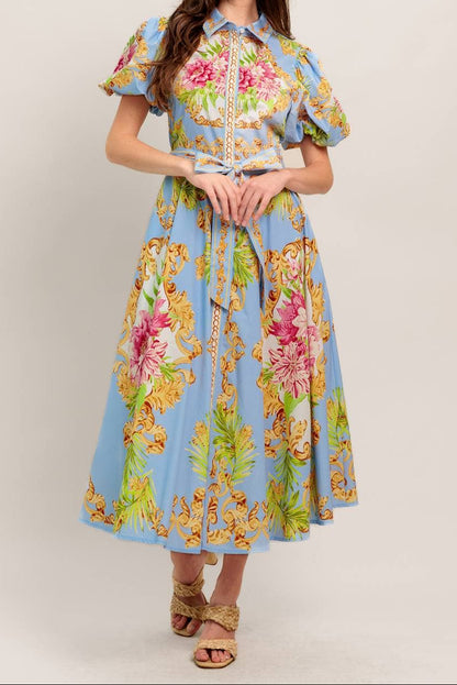 Light Blue Multi Printed Midi Dress