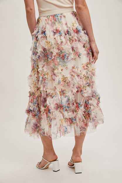 Floral Ruffled Mesh Midi Skirt