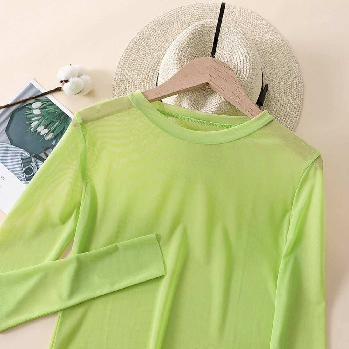 Candy Color Blouse - Long Sleeve Mesh Top_CWTBLL3620: Green