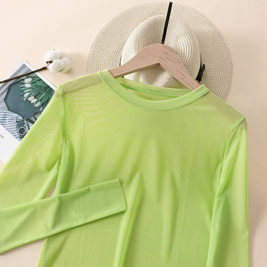 Candy Color Blouse - Long Sleeve Mesh Top_CWTBLL3620: Green