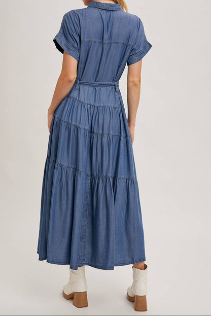 Button Front Short Sleeved Tiered Maxi Denim Dress