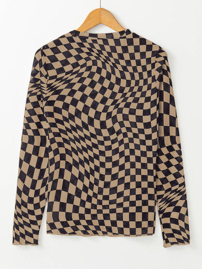 Checkered Mesh Mock Neck Top