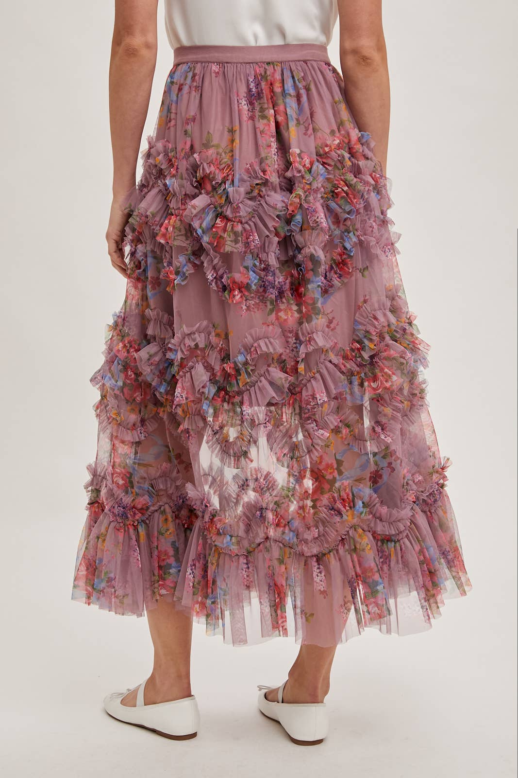 FLORAL RUFFLED MESH MIDI SKIRT: MAUVE