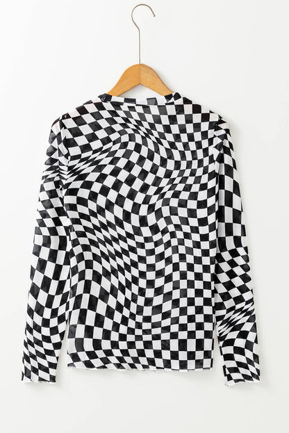 Checkered Mesh Mock Neck Top
