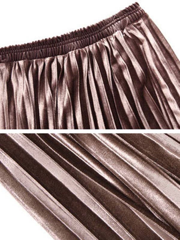 Solid Color High-Waist Pleated A-Line Skirt: Champagne
