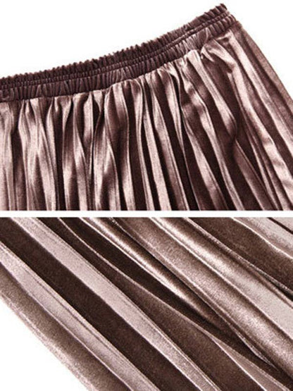 Solid Color High-Waist Pleated A-Line Skirt: Champagne