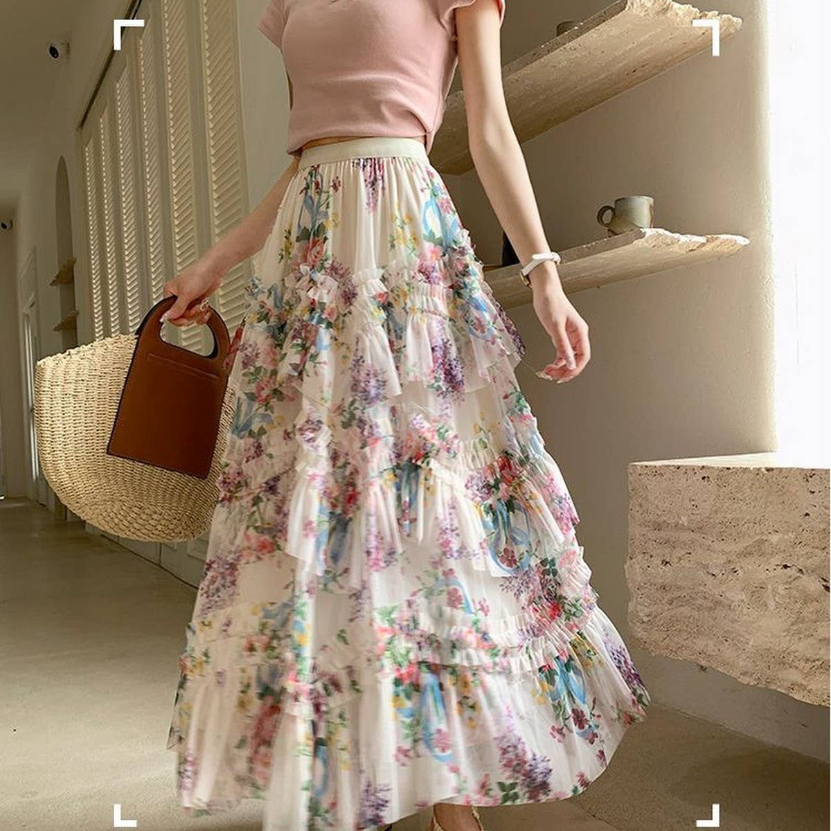 COLORFUL FLORAL MESH PRINT PLEATED TULLE SKIRT_CWBLS0399: APRICOT / (OS)