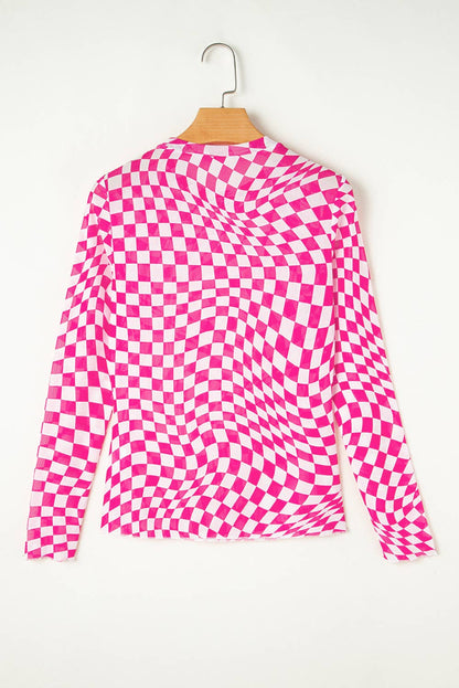 Checkered Mesh Mock Neck Top