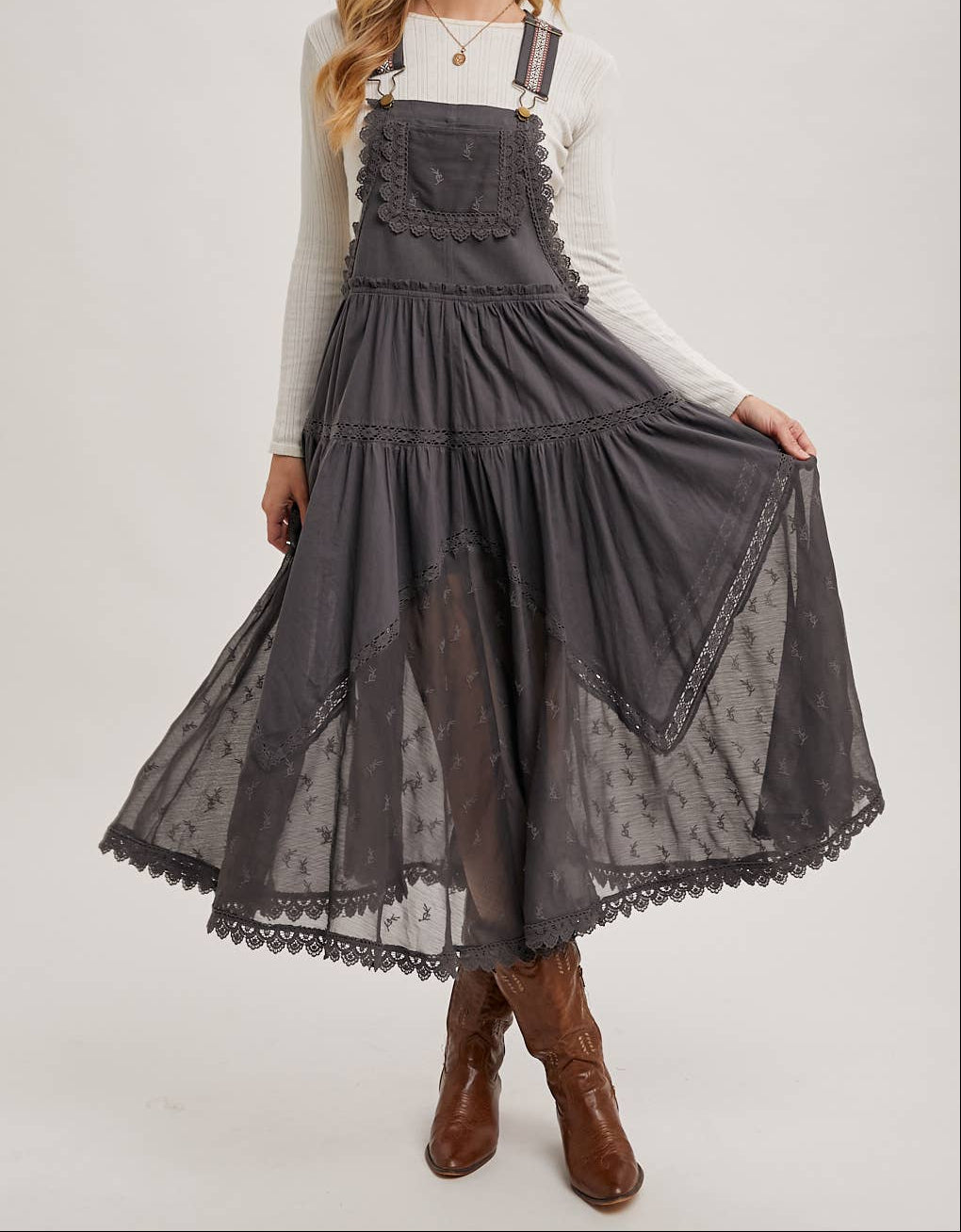 Lace Embroidered Tulle Bib Maxi Dress