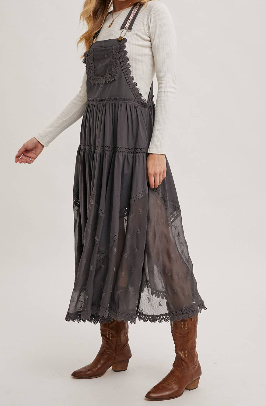 Lace Embroidered Tulle Bib Maxi Dress