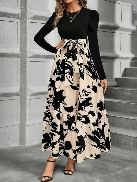 Women's Printed Round Neck Long Sleeves Midi Dress