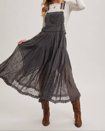 Lace Embroidered Tulle Bib Maxi Dress