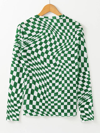 Checkered Mesh Mock Neck Top