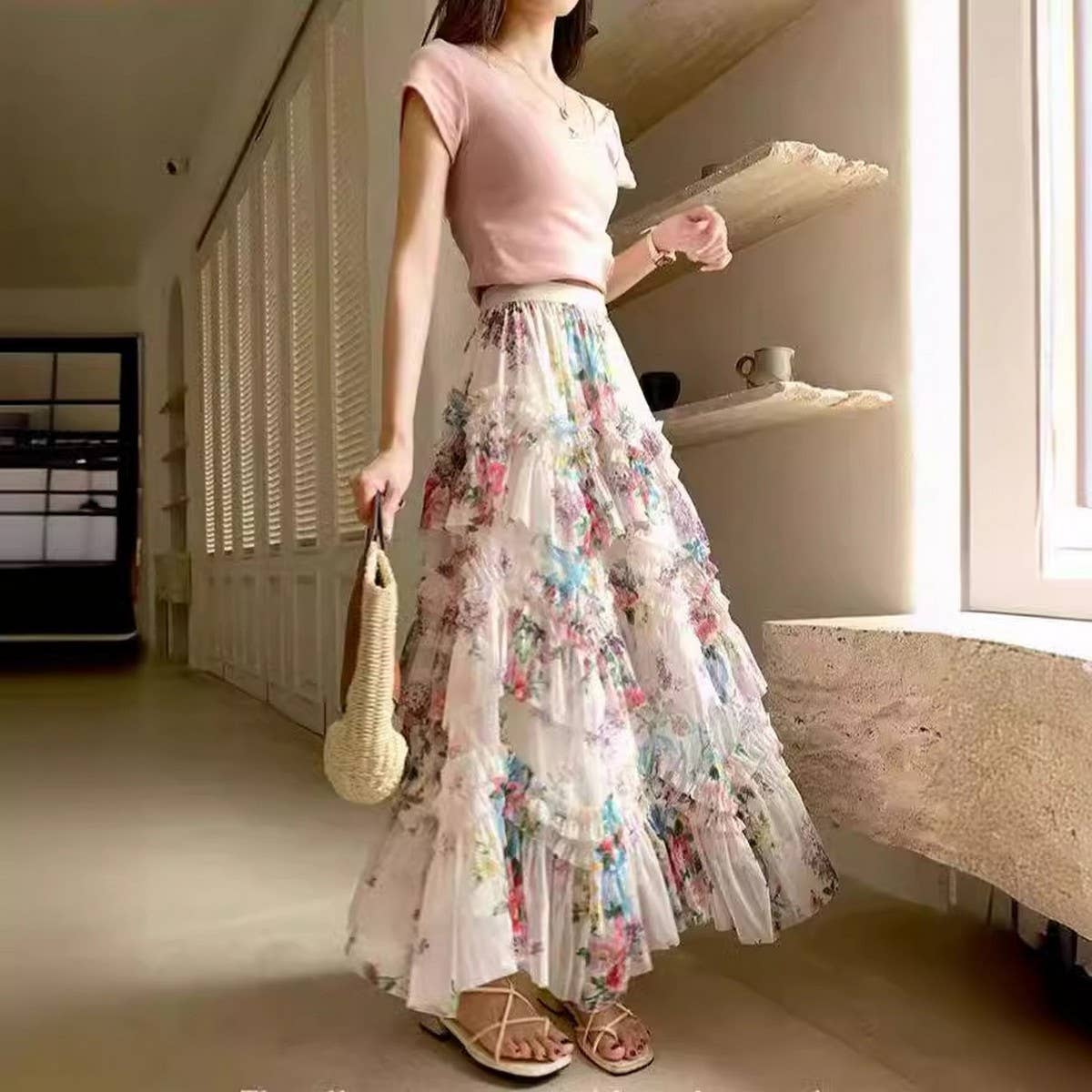 COLORFUL FLORAL MESH PRINT PLEATED TULLE SKIRT_CWBLS0399: APRICOT / (OS)