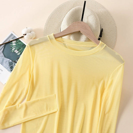 Candy Color Blouse - Long Sleeve Mesh Top_CWTBLL3620: Yellow