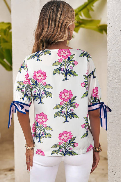 Floral Colorblock Stripe Knot Bubble Sleeve Blouse: White
