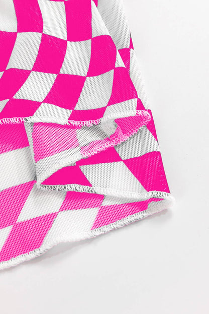 Checkered Mesh Mock Neck Top