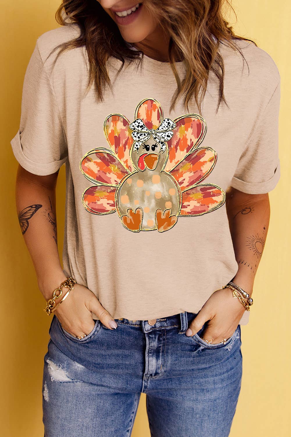 LDC Thanksgiving Bowknot Turkey Graphic Tee: Khaki / M