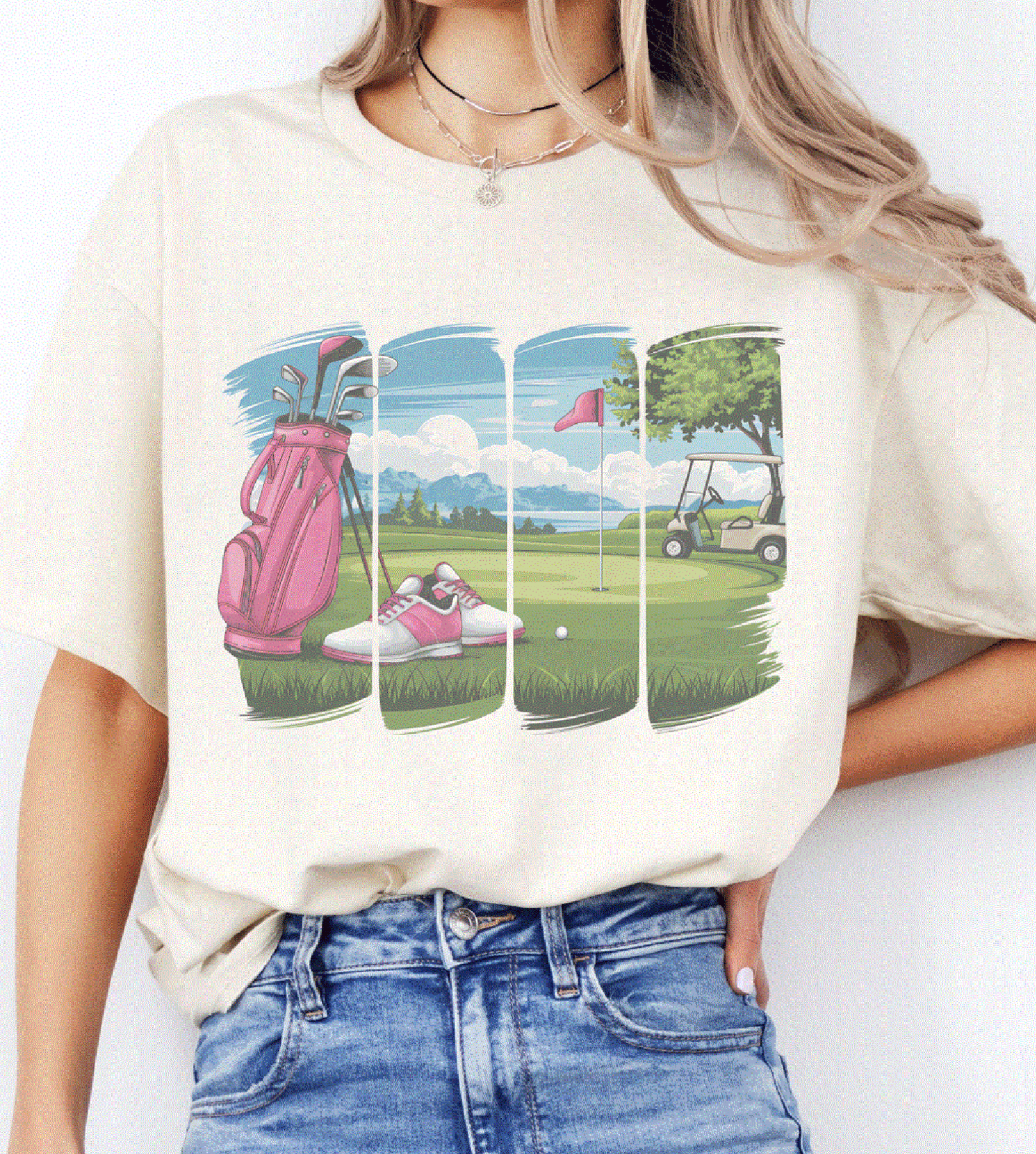 Golf Course Resort Country Club Pink Graphic Tee: Cream