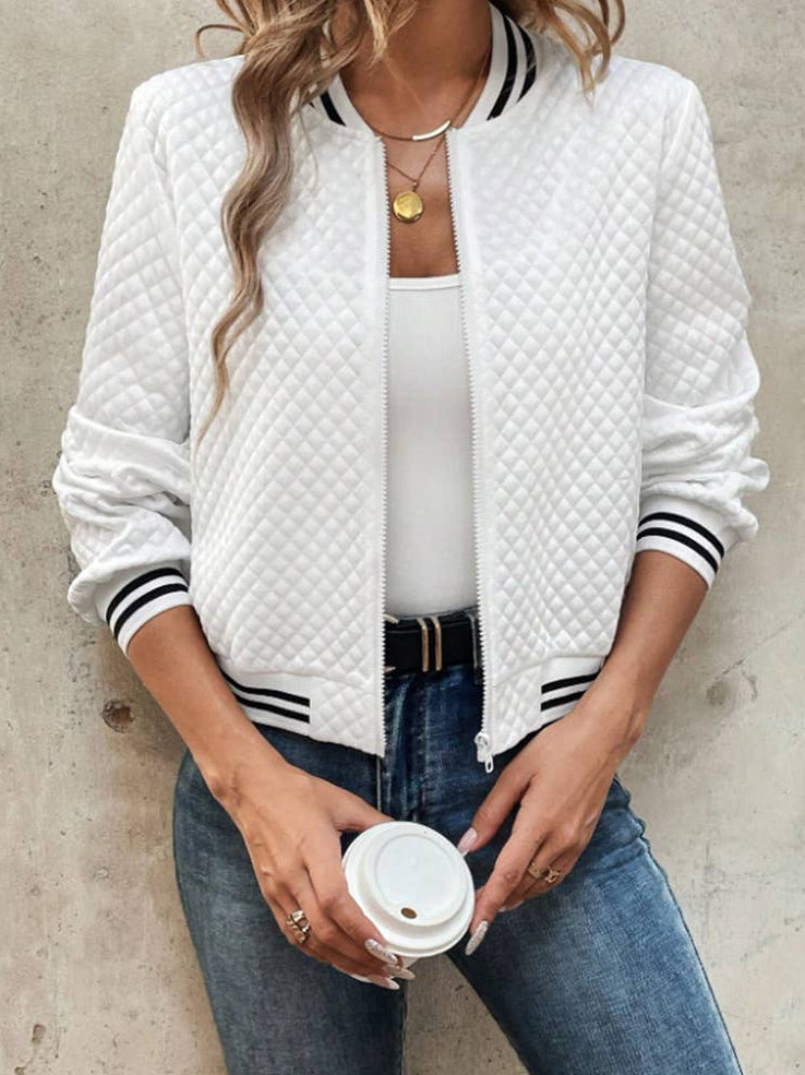 STAND-UP COLLAR PLAID ZIPPER BASEBALL JACKET