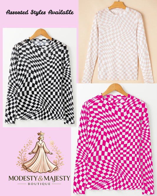 Checkered Mesh Mock Neck Top