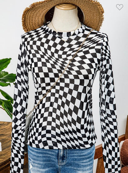 Checkered Mesh Mock Neck Top