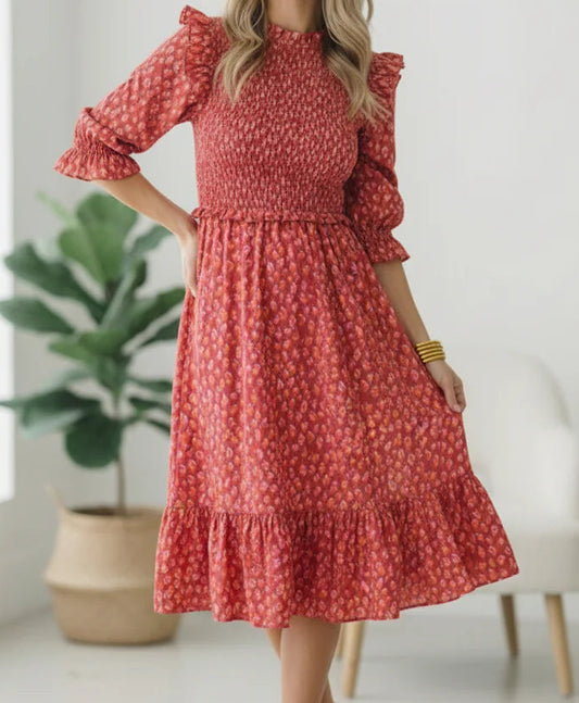 Be My Spring Sweetie Tomato Animal Print Smocked Dress
