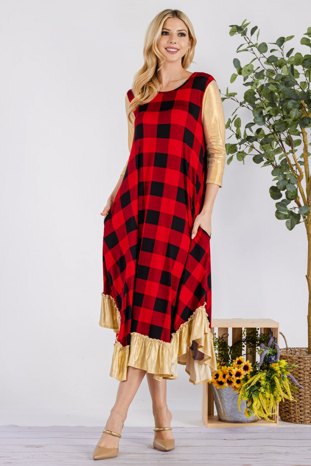 Plaid Gold and Silver Midi Dress