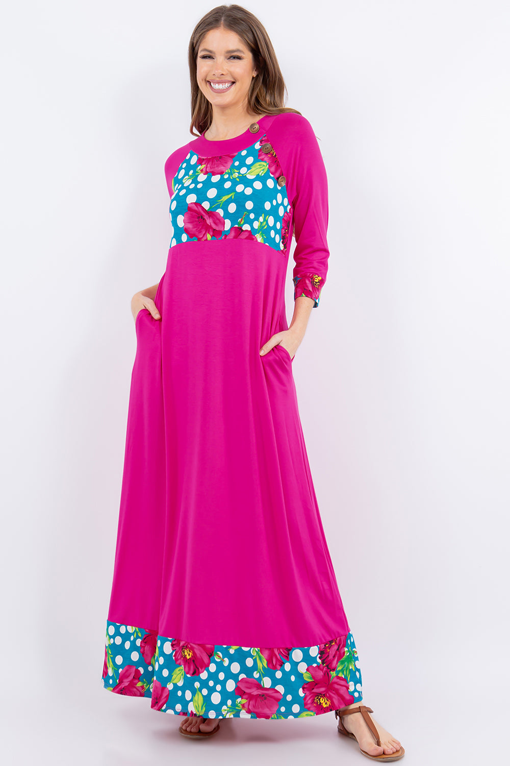 Polka Floral Maxi Dress with Pockets