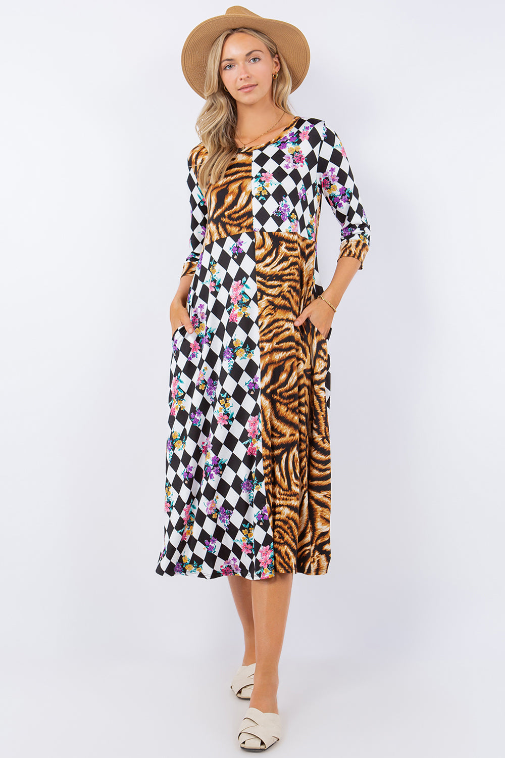 Plus Size Animal Print Contrast Pattern Midi Dress with Pockets