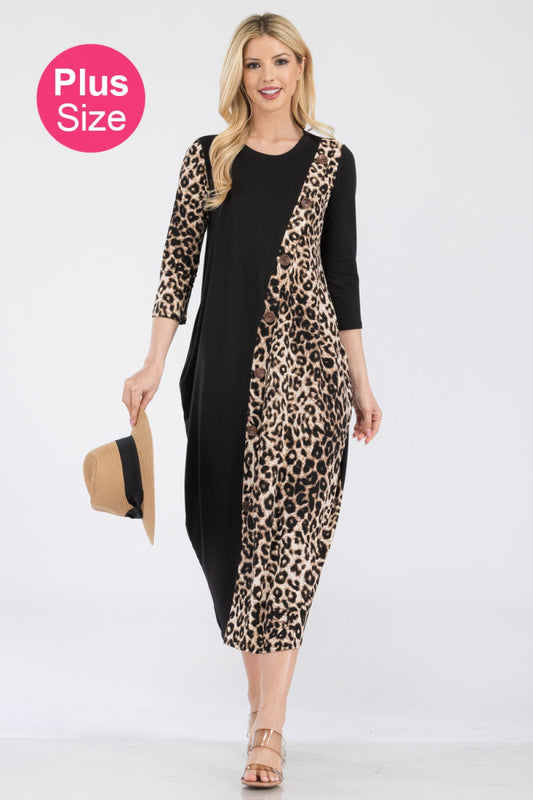 Leopard Paneled Contrast Midi Dress With Buttons