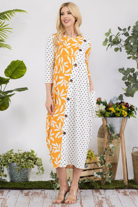 Floral and Polka Dot Contrast Midi Dress with Buttons