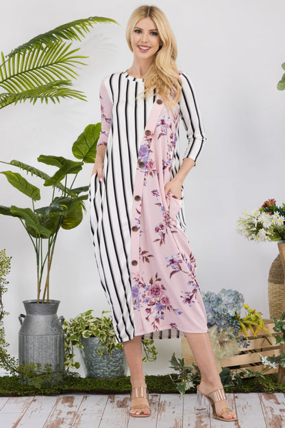 Floral & Stripe Contrast Button Midi Dress – Multiple Colors