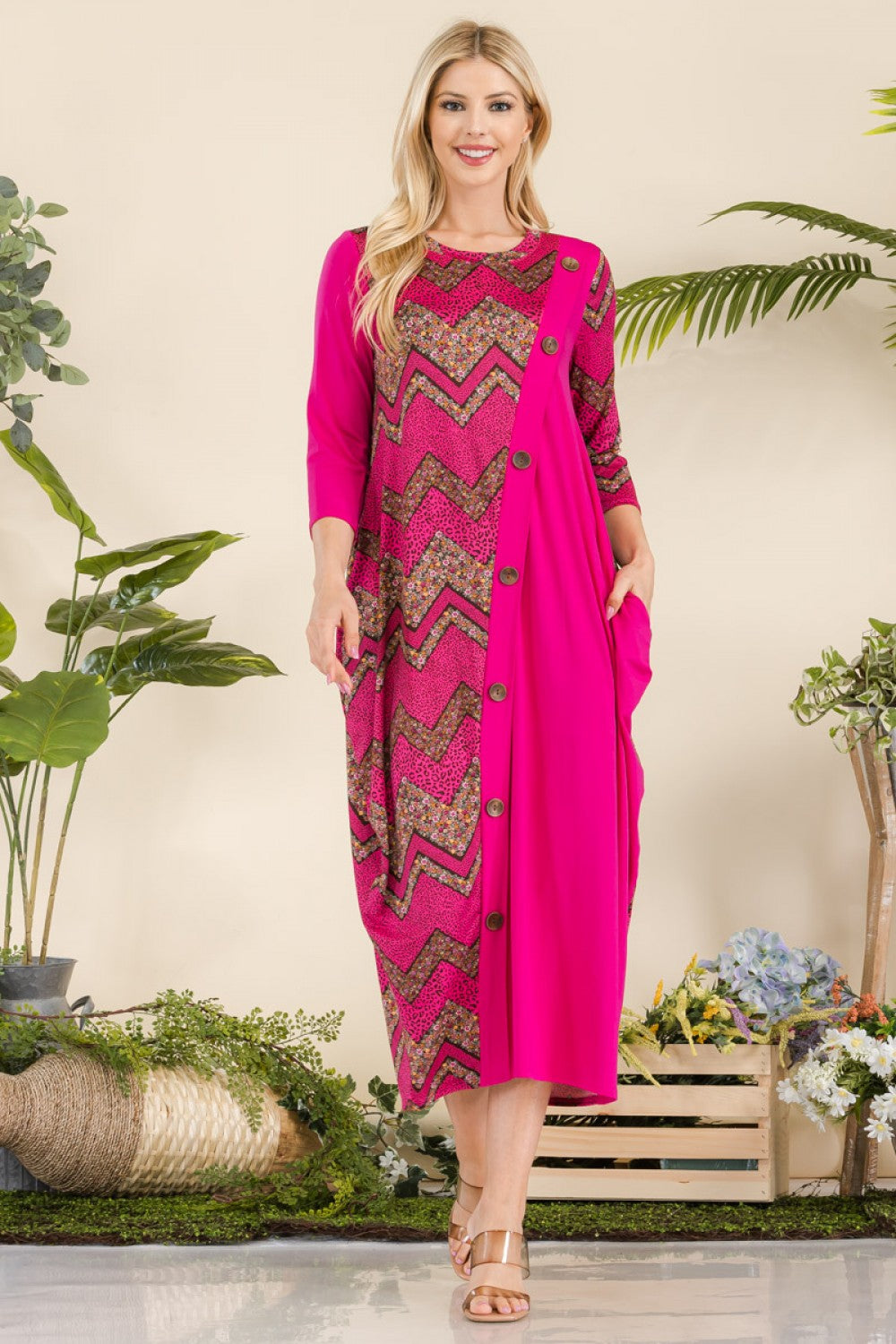Plus Size Geo Print Paneled Dress with Buttons