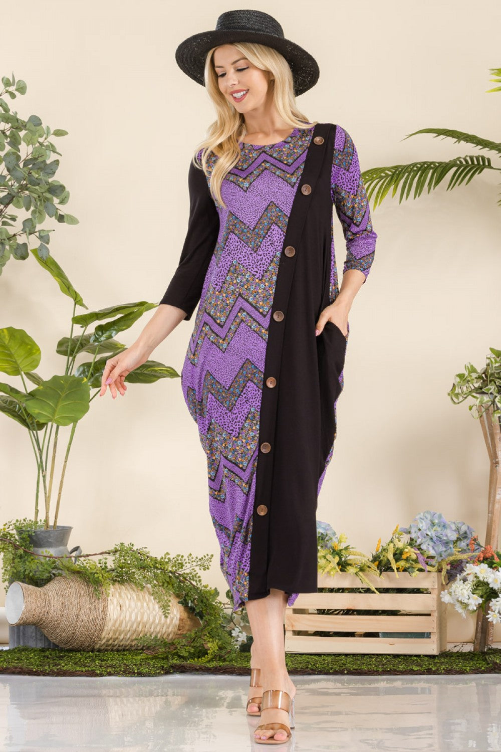 Plus Size Geo Print Paneled Dress with Buttons