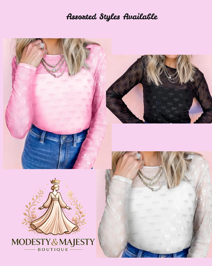 Mesh Bow Pattern Long Sleeve Top