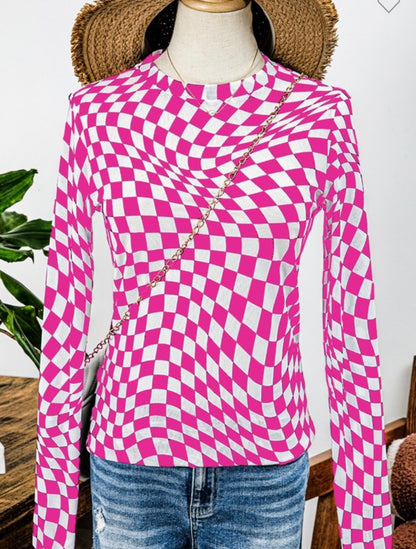 Checkered Mesh Mock Neck Top
