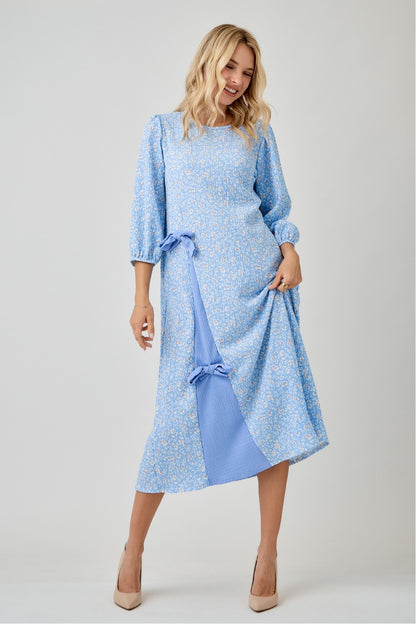 Floral Print Side Bow Dress with Puff Sleeve